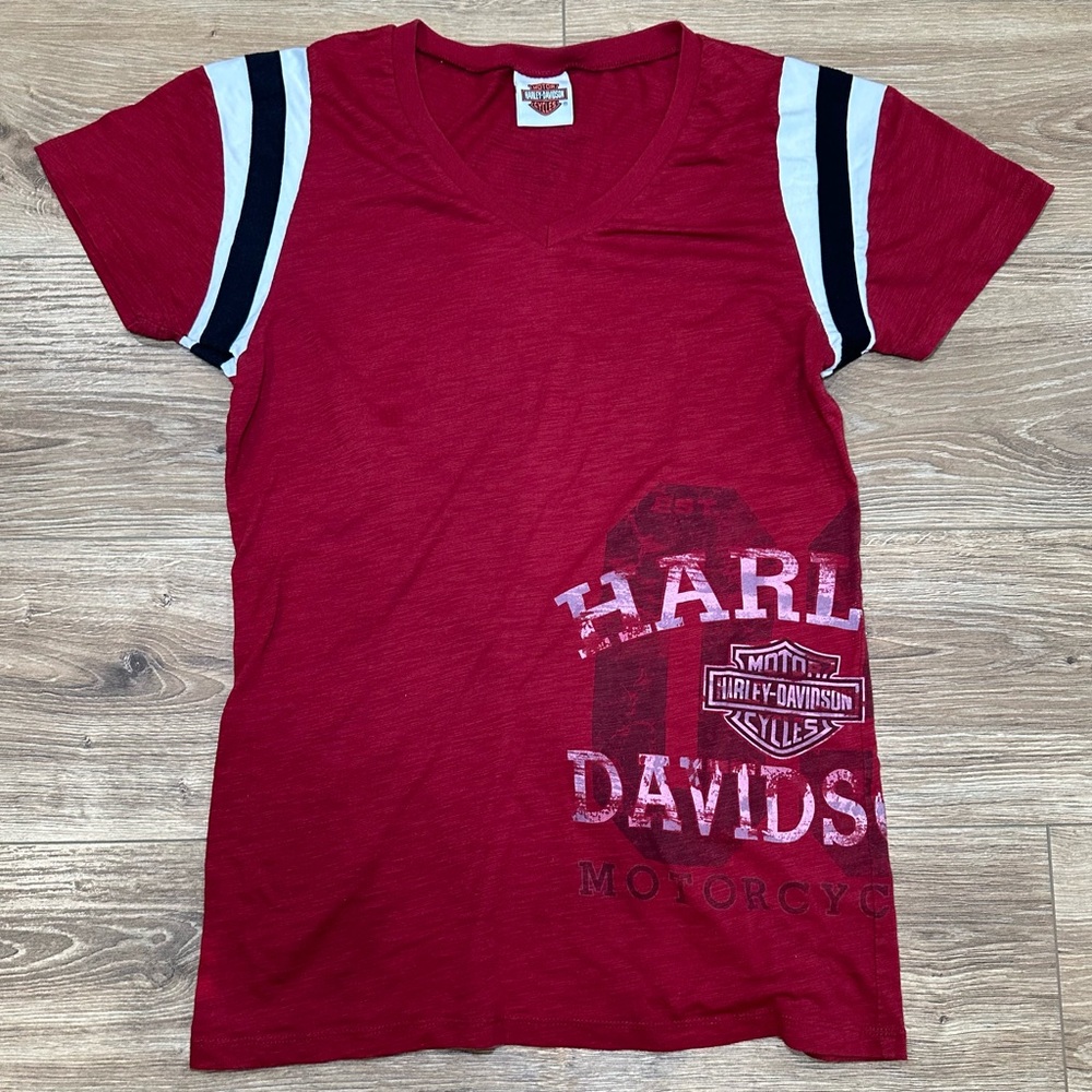 Harley-Davidson Red V-Neck Short Sleeve Tee with Black & White Sleeve Stripes